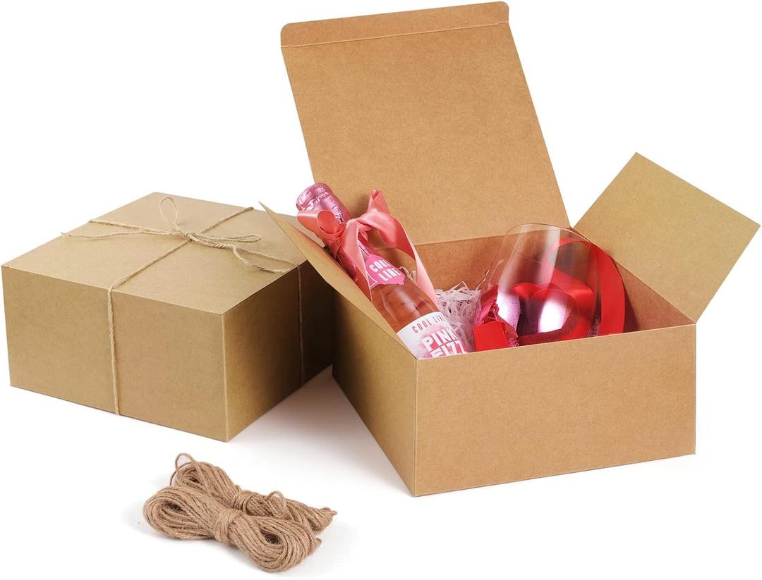 ValBox 8x8x4 Inches Gift Boxes 12 PCS Brown Paper Gift Boxes with Lids for Gifts, Wedding Present, Bridesmaid Proposal Box, Birthday Party Favor, Easy Assemble Box with 66ft Twine