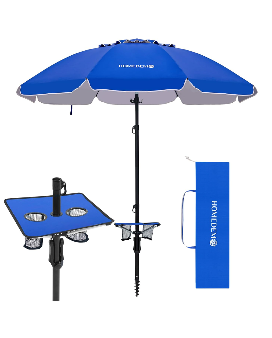 HOMEDEMO 7ft Beach Umbrellas For Sand Heavy Duty Wind, Portable Beach Umbrella UPF 50+ Windproof Outdoor Beach Umbrella with Sand Anchor, Tilt Pole, Carry Bag, Table Tray, Vent and Hook