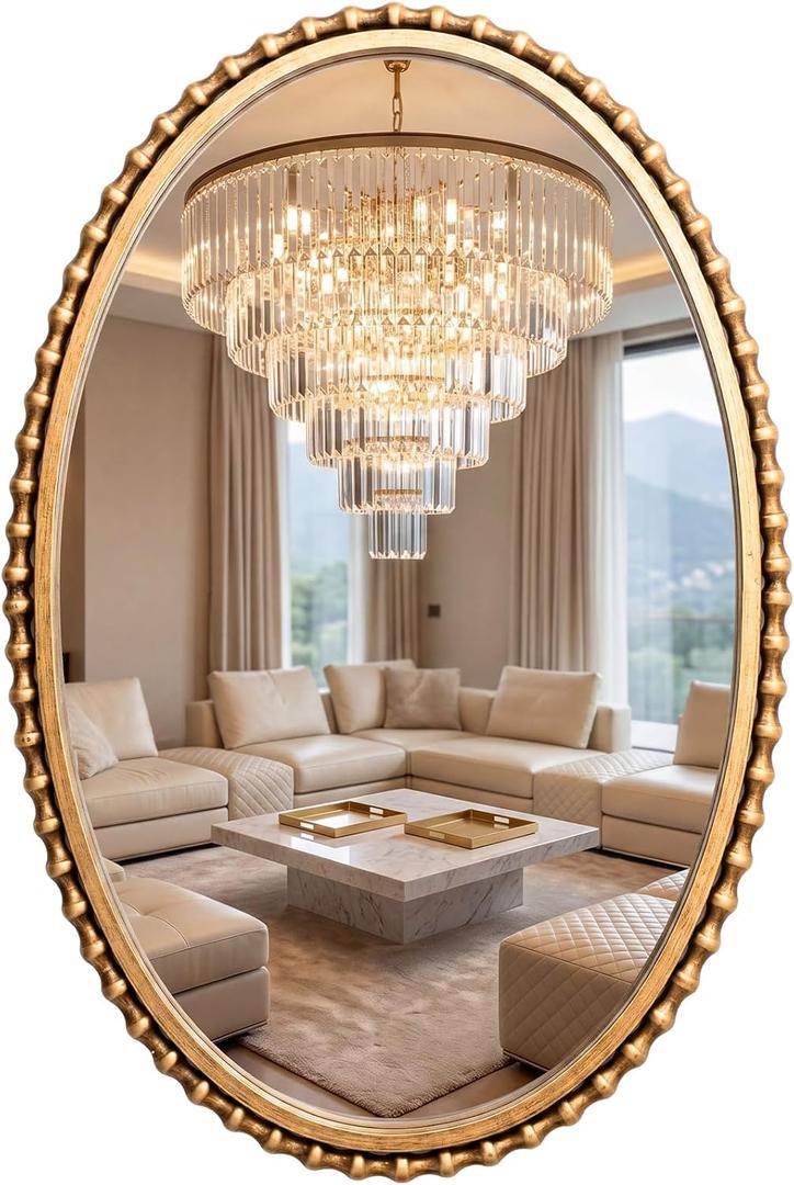 Nuanchu 36 x 24 Inch Gold Oval Bathroom Mirror, Vintage Antique Beaded Wall Mirror with HD Glass, Decorative Vanity Wall Decor, Baroque Ornate Hanging for Bathroom Bedroom Entryway Living Room