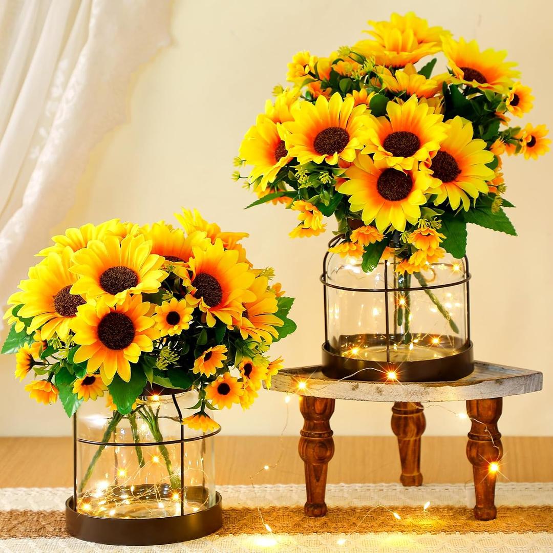 2 Set Vintage Glass Vase Rustic Farmhouse Lantern Decor with Artificial Plants Lights Decorative Clear Vase for Home Decor Floral Arrangement Dining Table Centerpieces (Sunflower)