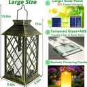 14" Large Tempered Glass Solar Lanterns Outdoor Waterproof | Solar Hanging Lantern for Outside with Flickering Candle, Vintage Decor Lamps for Gift Wall Garden Yard Patio, Bronze