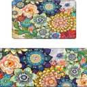 Boho Floral Kitchen Rugs Mats for Floor 2 Piece Memory Foam Padded Kitchen Mats Anti Fatigue Non Slip Cushioned Comfort Standing Mat, 17.3x28+17.3x47 Inch
