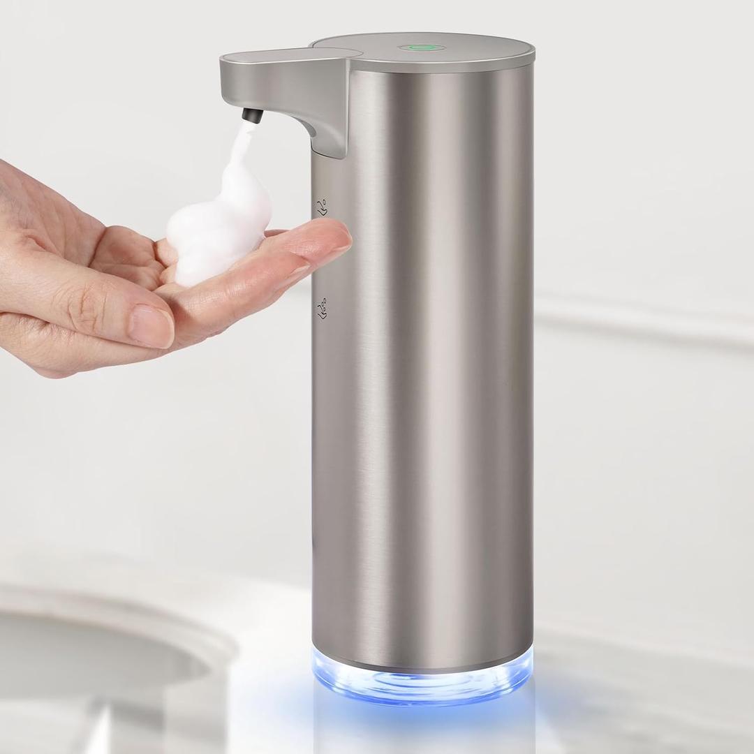 Automatic Foaming Soap Dispenser, Rechargeable Touchless Foam Hand Soap Dispenser for Bathroom, Stainless Steel Soap Pump for Kitchen, Water-Resistant, Xmas Gift 9oz (Silver)
