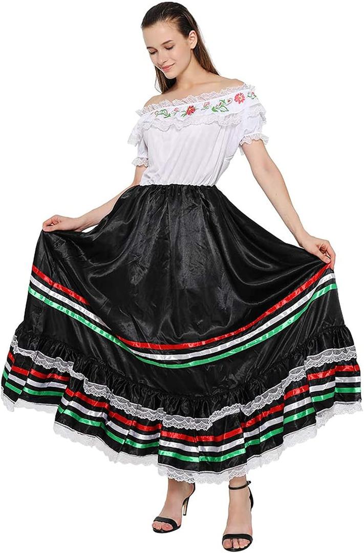 FantastCostumes Women Traditional Mexican Dress Lace Flower Senorita Costume Festival Party Spanish Dress (Small)