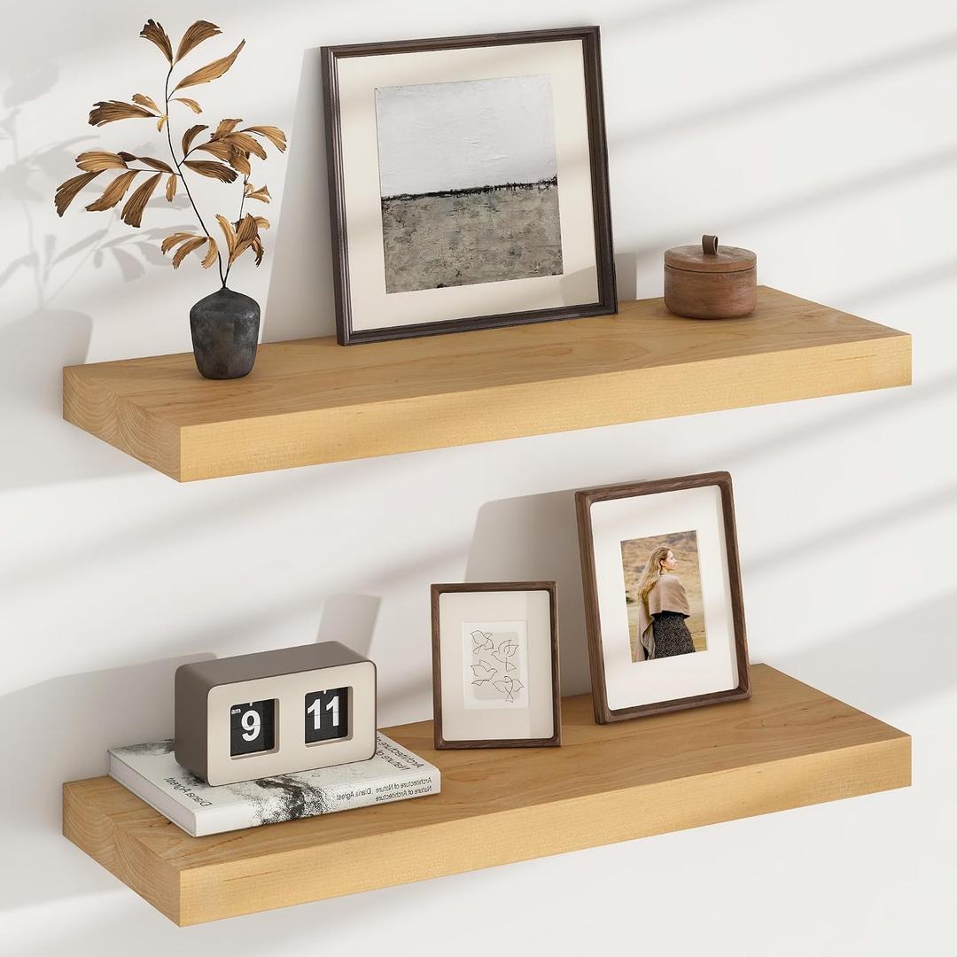 Floating Shelves for Wall, USA-Sourced Brich Wood 24 Inch Wall Shelves Set of 2, Natural Wooden Mounted Picture Ledge Shelf, Nursery Book Storage Shelf Kids Bookshelf Display, Shelf for Bathroom