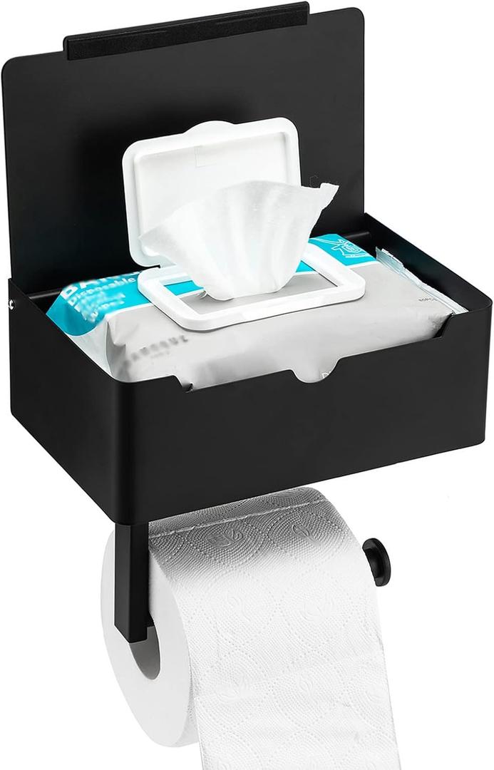 Matte Black Toilet Paper Holder Tissue Roll Hanger with Shelf Flushable Wipes Dispenser Storage Box Large Stainless Steel Bathroom Lavatory Hardware Wall Mount Adhesive