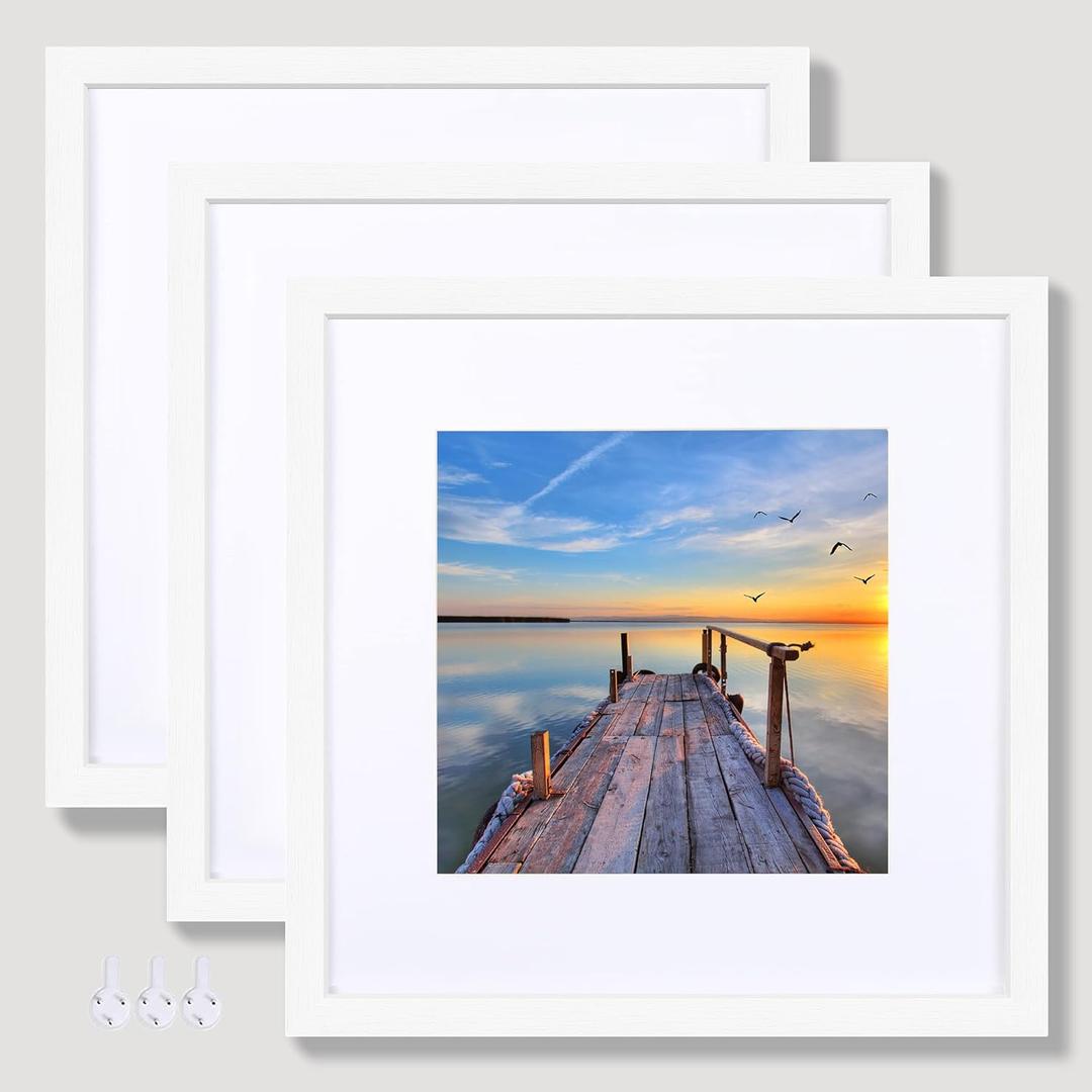 Hongkee 12x12 White Picture Frame set of 3, Made of Real Glass and Wooden Square Photo frame - Displays Picture 8x8 With Mat or 12 x 12 Without Mat, Desktop & Wall Collage Photo Frame