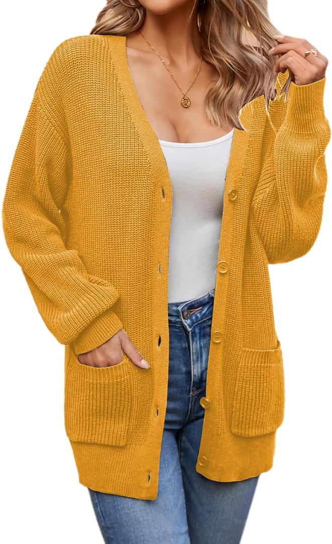 QUALFORT Women’s 100% Cotton Knit Cardigan Sweater – Oversized Fit, Button-Down Open Front, with Pockets, Large
