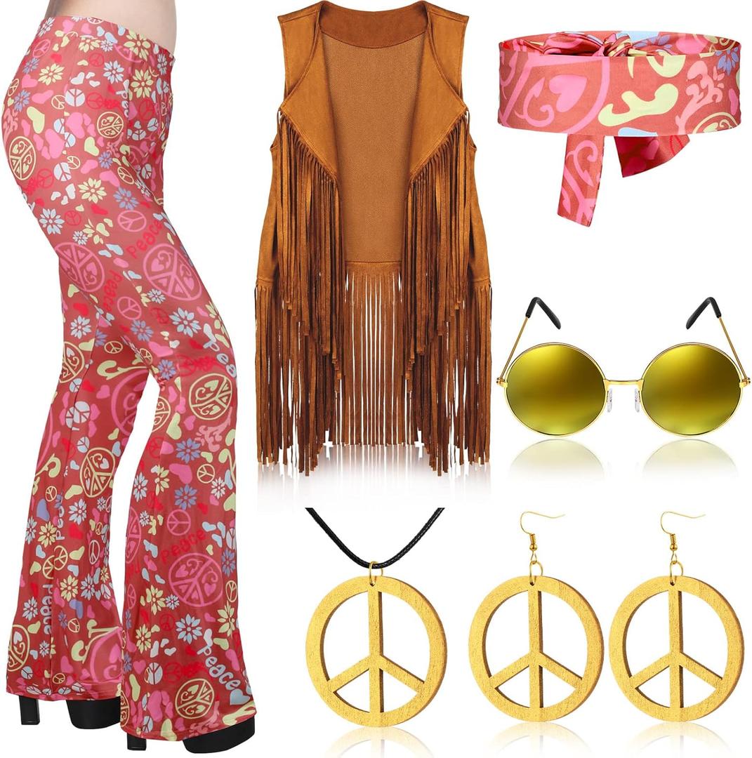 Haull 7 Pcs 60s 70s Outfits for Women Hippie Costume Set Boho Flared Pants Fringe Vest Peace Sign Accessories Set (Large)