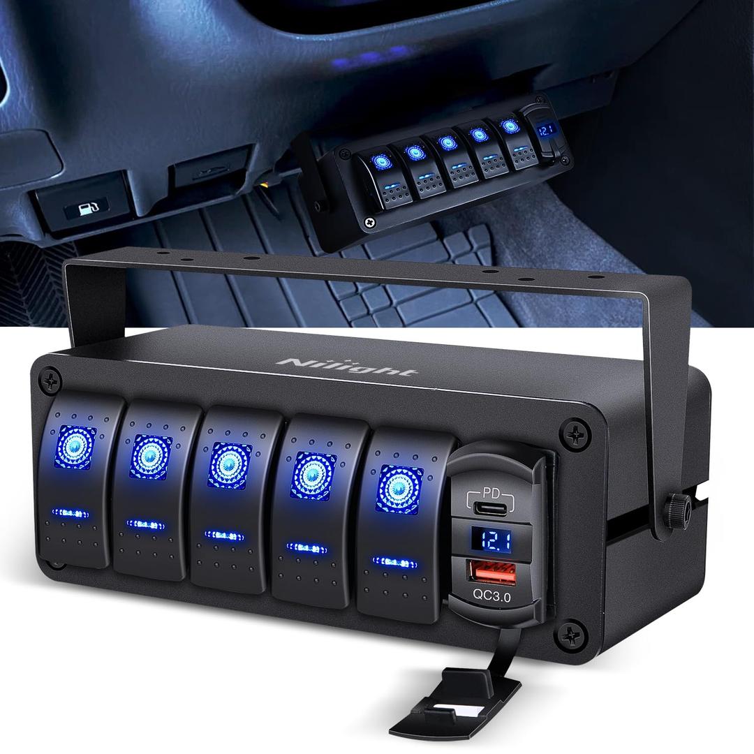 Nilight 5 Gang Rocker Switch Box 12V SPST ON Off Switches PD Type C and QC 3.0 USB Charger Voltmeter Waterproof Aluminum Panel DIY Stickers for Boats Cars RVs Trucks