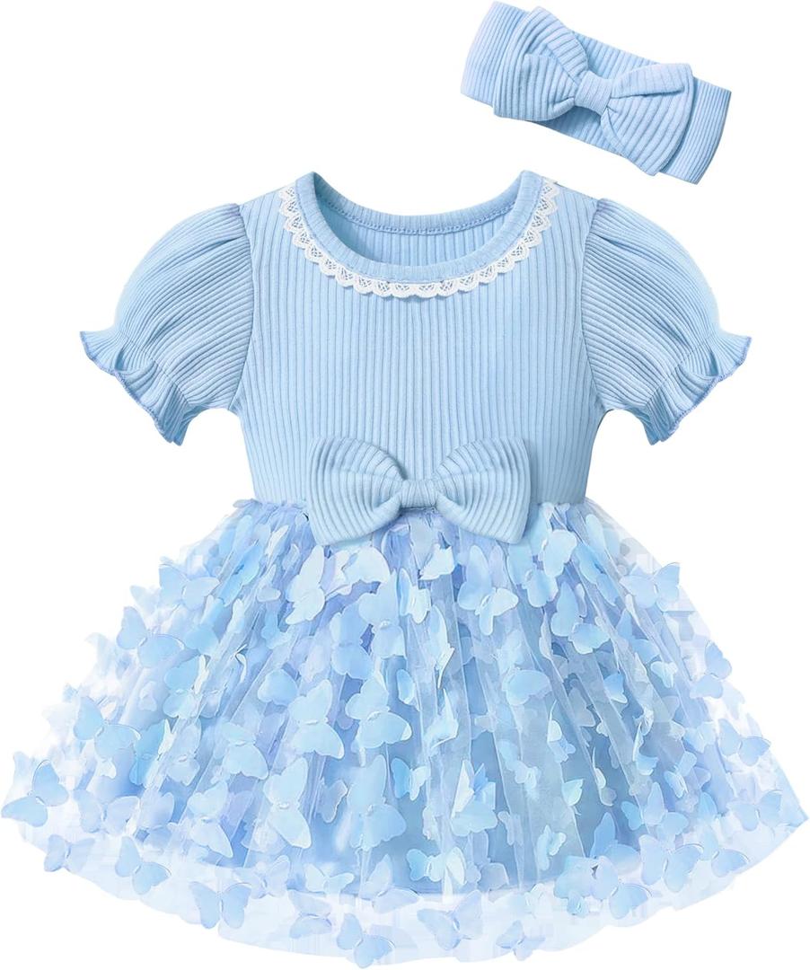 Qaoerde Baby Girl Dress Puff Sleeve Tutu Dress Butterfly Tulle Dress Flower Girl Birthday Party Princess Dresses (Blue)