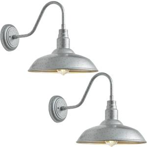 10in. Dome Outdoor Gooseneck Barn Light, 2 Pack Galvanized Steel Exterior Gooseneck Lighting Fixture with Wall Mount Farmhouse Style Outside Barn Door Wall Sconce, Waterproof, LM2201-SV-2P