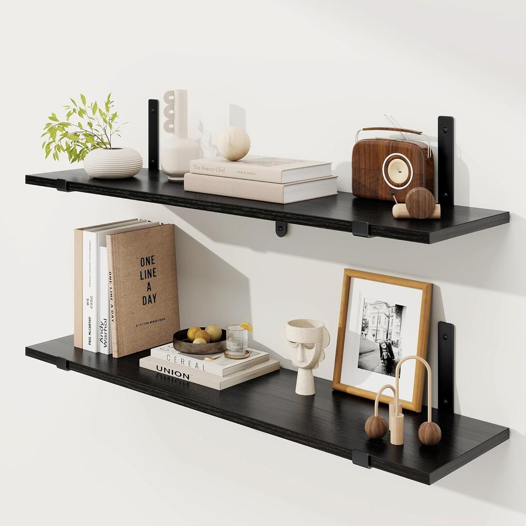 Fun Memories Floating Shelves for Wall, 32"W x 8"D Wall Mounted Shelves, 8 Inch Deep Floating Shelf with Sturdy Metal Bracket, Rustic Wood Shelves for Living Room, Bathroom and Kitchen, Black, 2 Pack