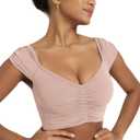 ODODOS Ruched Front Crop Tank for Women V-Neck Cut Out Back Cap Sleeve Cropped Tops, Dusty  (Pink, XL)