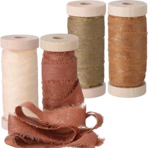 Mindsoft Frayed Chiffon Ribbon for Craft, Christmas Silk Satin Ribbons 1/2-1/4 Inch x 20 Yard Handmade Fabric Strips with Wooden Spool for Wedding Gift Wrapping(Orange Assorted)
