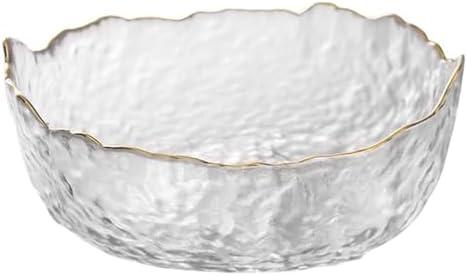 SYXLTSH Glass Salad Bowl Irregular Lotus Flower Shape Serving Bowls, Mixing Nut Bowls for Kitchen Fruist, Snack, Dessert, and Ice Cream Candy Dishes (Crystal Clear with Gold Rim, 7.6")