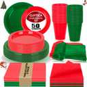 CLIYTICA Red and Green Christmas Plastic Plates for Party,Disposable Tableware Kit with 50 9'' Plates,50 7'' Dessert Plates,50 Napkins,50 Forks,50 Cups & 2 Tablecloths for Birthday,Picnic,Christmas