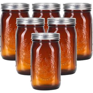 eleganttime Amber Glass Mason Jars 32 oz Wide Mouth with Airtight Lids and Bands 6 Pack Large Glass Canning Mason Jars Quart, Great for Canning Jar Pickle Fermenting Jam Jar