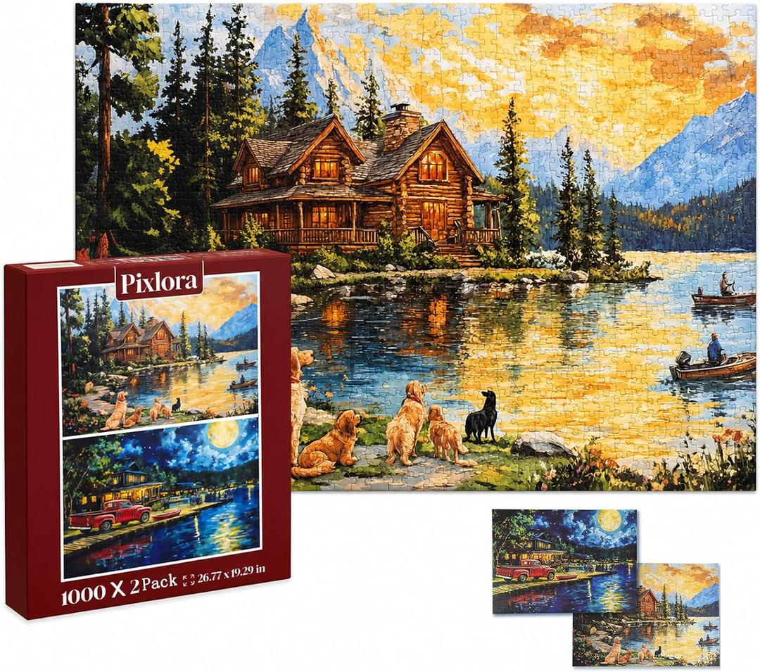 Puzzles for Adults 1000 Pieces, 2 Pack Unique 1000 Piece Lake and Night View Jigsaw Puzzles, Premium Scenic Landscape Puzzles & Nature Theme for Challenging Game Night