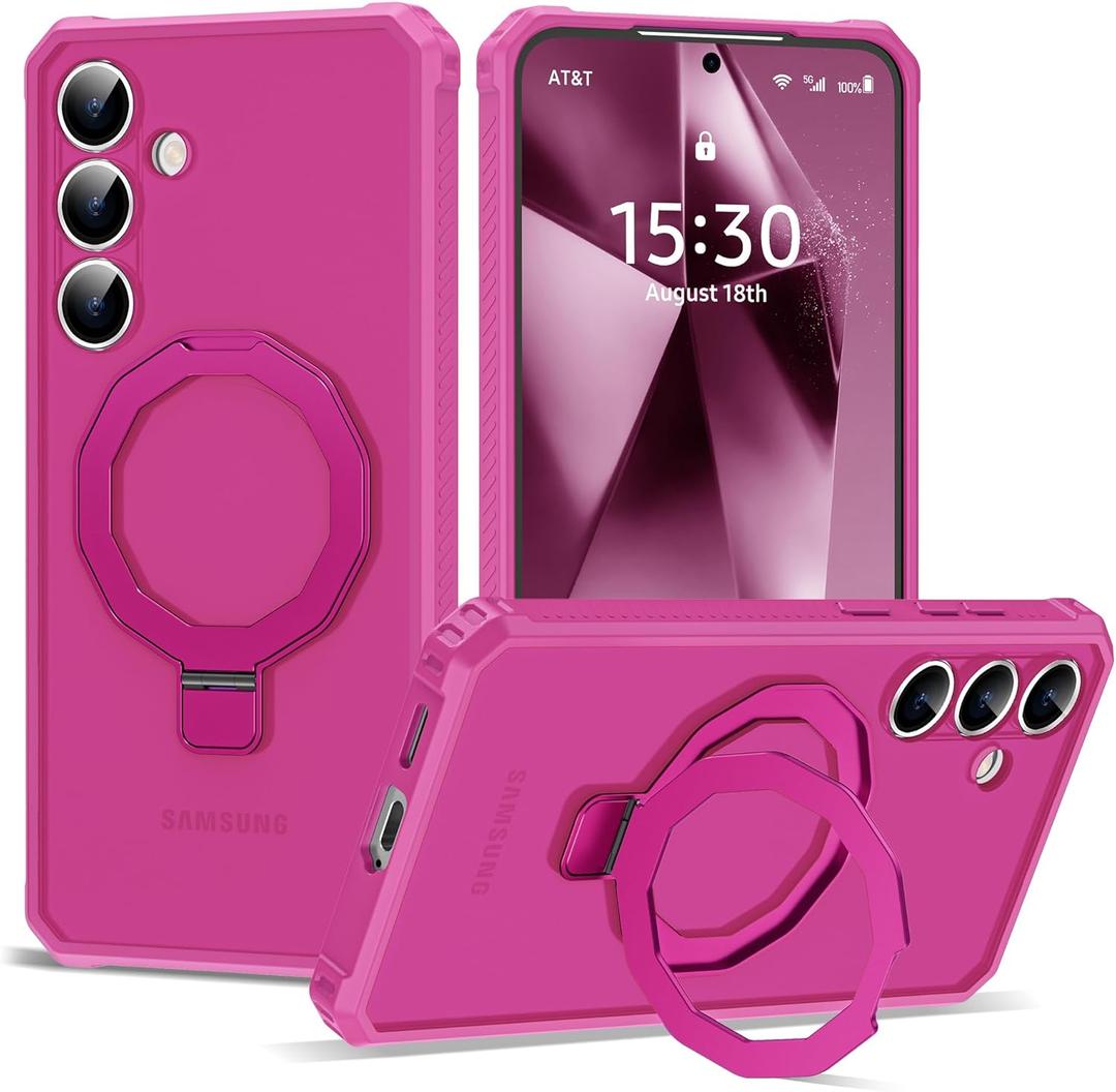 XIQI Designed for Samsung Galaxy S25 6.2'' with Camera Lens Protector & Magnetic Ring Stand [Military-Grade Protection] Translucent Shockproof Phone Case for Men Wowen,Hot Pink