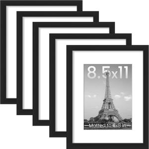 Upsimples 8.5x11 Picture Frame Set of 5, Display Pictures 6x8 with Mat or 8.5 by 11 Without, Wall Gallery Photo Frames, Black