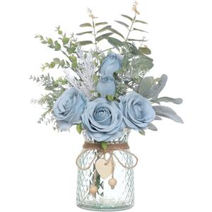Faux Flowers with Vase,Artificial Silk Roses in Vase, Fake Plant Eucalyptus Flower Arrangement for Home Office Farmhouse Bathroom Dining Table Centerpiece Decorations Coffee Table Decor (Dusty Blue)