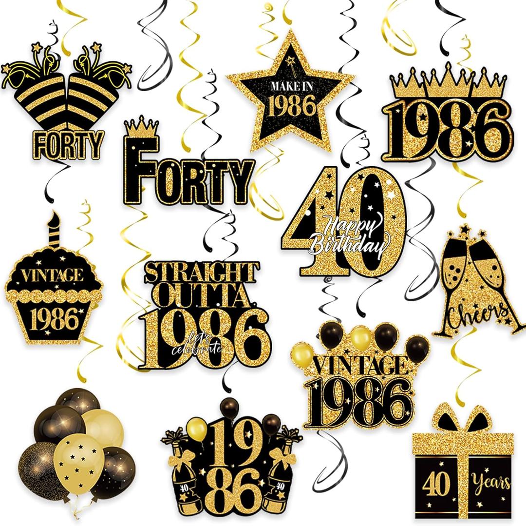 40th Birthday Decorations - 30Pcs Happy 40th Birthday Hanging Swirls Streamers for Men Women Black Gold Vintage 1986 Birthday Ceiling Hanging Decor for 40 Years Old Birthday Anniversary Party Supplies