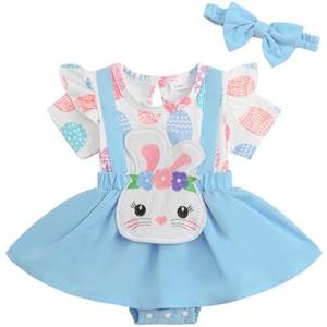 Gueuusu Baby Girl Easter Clothes Ruffle Short Sleeve Blue Easter Eggs Print Overall Romper Dress Headband Cute Newborn Outfit 2 Pack 9-12mon