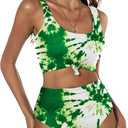ZAFUL Women's High Waisted Swimsuit Scoop Neck Textured Floral Bikini Set 2 Piece Bathing Suit (Green, XL)