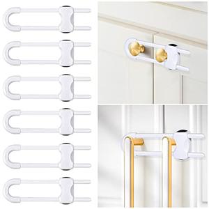6 Packs Sliding Cabinet Locks, Modacraft Baby Proofing U-Shaped Child Safety Latches Adjustable White Locks for Handles Knobs Drawers Closet Cupboard