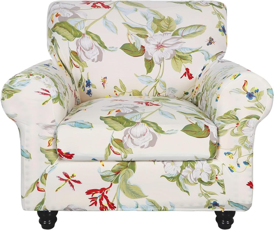 SearchI Stretch Sofa Cover Printed Couch Covers, Floral Pattern 2 Piece Armchair Slipcover with Separate Chair Cushion Cover, Washable Furniture Protector for Living Room(Chair, Spring Pattern) (Small, Spring Green+beige)