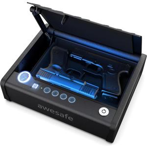 awesafe Biometric Gun Safe for Pistol, 3 Ways Quick Access Handgun Safe with Fingerprint Digital PIN Key, Portable Car Gun Safe, Gun Lock Box with Gas Strut for Nightstand Bedside Cloakroom LivingRoom