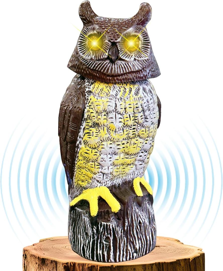 Solar Powered Owl with Motion Detection, Silent Mode, Flashing Eyes, Rotatable Head and Realistic Hoots, Plastic Owl Decoration for Home, Garden, Patio and Fence