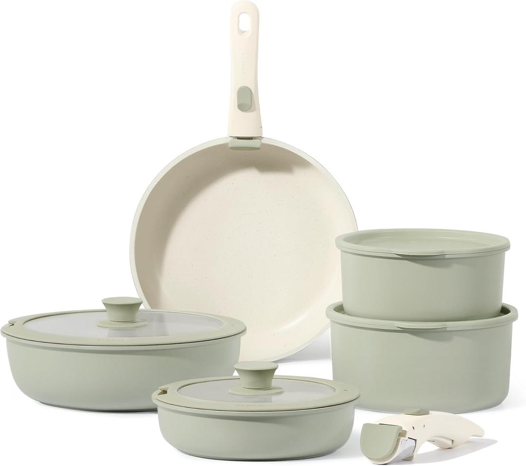 CAROTE Pots and Pans Set, Nonstick Cookware Set Detachable Handle, 11pcs Induction Kitchen Cookware Sets Non Stick with Removable Handle, RV Cookware Set, Oven Safe, Sage Green