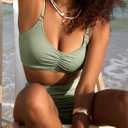 Herseas Women's Loop Straps Bikini Sets 2 Piece Shine Ribbed Swimsuits Ruched High Waisted Bathing Suits (Green, XL)