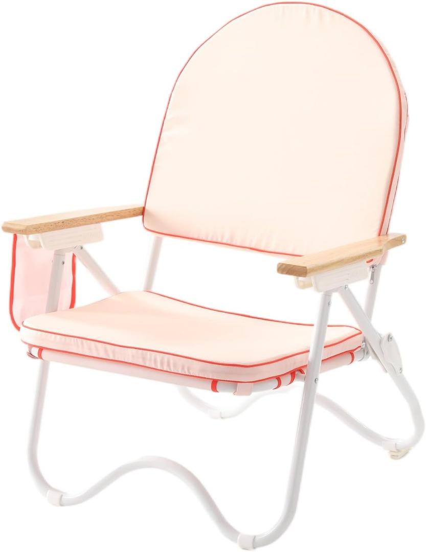 Padded Low Beach Chair, 4-Position Folding Outdoor Chair with Wooden Armrests, Cushioned Seat, Storage Pouch & Carry Strap for Beach, Patio and Lawn, Harbour Ros Pink