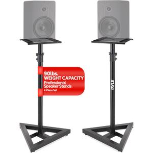 Pyle Speaker Stand Pair of Sound Play 1 and 3 Holder - Telescoping Height Adjustable from 26 - 52 Inch High Heavy Duty Three-point Triangle Base w/ Floor Spikes and 9 Square Platform, Black