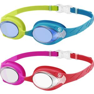OutdoorMaster Kids Swim Goggles 2 Pack - Quick Adjustable Strap Swimming Goggles for Kids (One Size, Blue Pink)