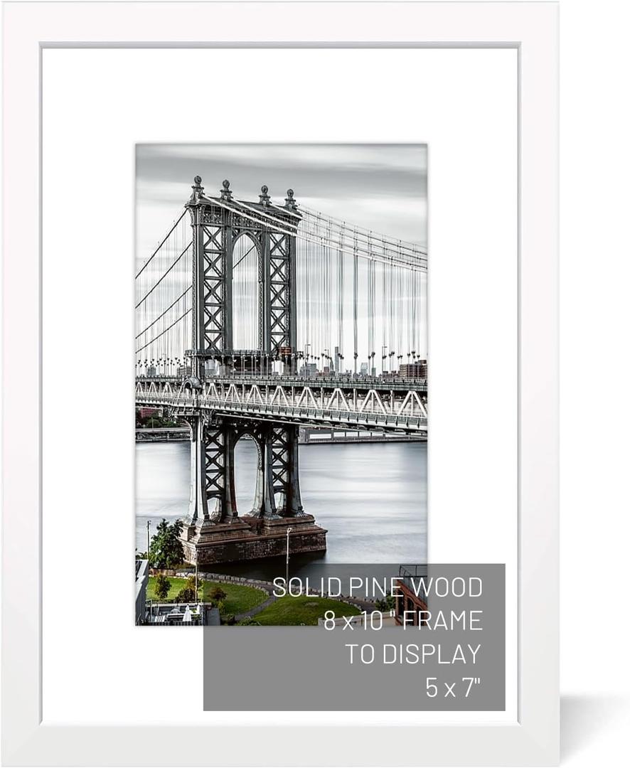 8x10 Solid Wood Picture Frames with Mat or without Mat - 5x7 & 8x10 Sizes - Wall Mount or Table Top (White)