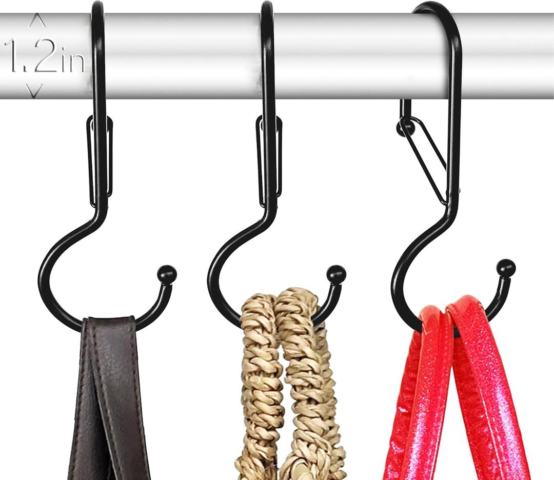 6 Purse Hanger for Closet. Tote Hanger. S-Shaped Hooks S Hooks Twist Design. Anti Drop S-Shaped Hook for Hanging Handbags with Safety Buckle to Prevent Falls. Heavy Duty. (Black, Twisted)