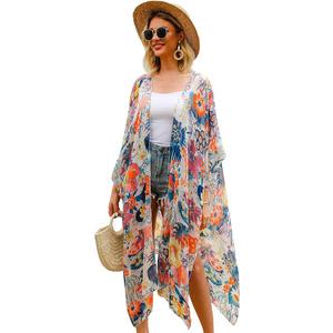 Hibluco Women's Long Floral Kimono Printed Cardigan Sheer Swimsuit Cover Ups XXL