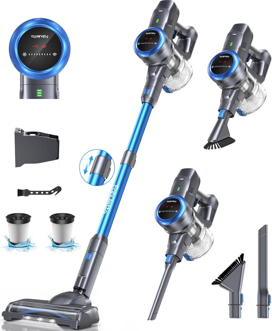 FABULETTA Cordless Vacuum Cleaner, 35Kpa Vacuum Cleaners for Home, Max 50 Mins Runtime, Self-Standing Design, 5-Layer Filtration System, Anti-Tangle Brush, LED Display, Lightweight (Blue)