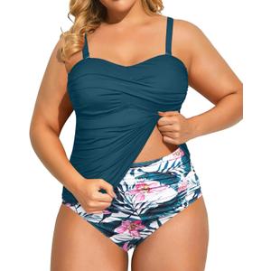 Aqua Eve Women Two Piece Plus Size Tankini Strapless Bathing Suits Bandeau Swimsuits with High Waisted Bottom Teal Flower 18W
