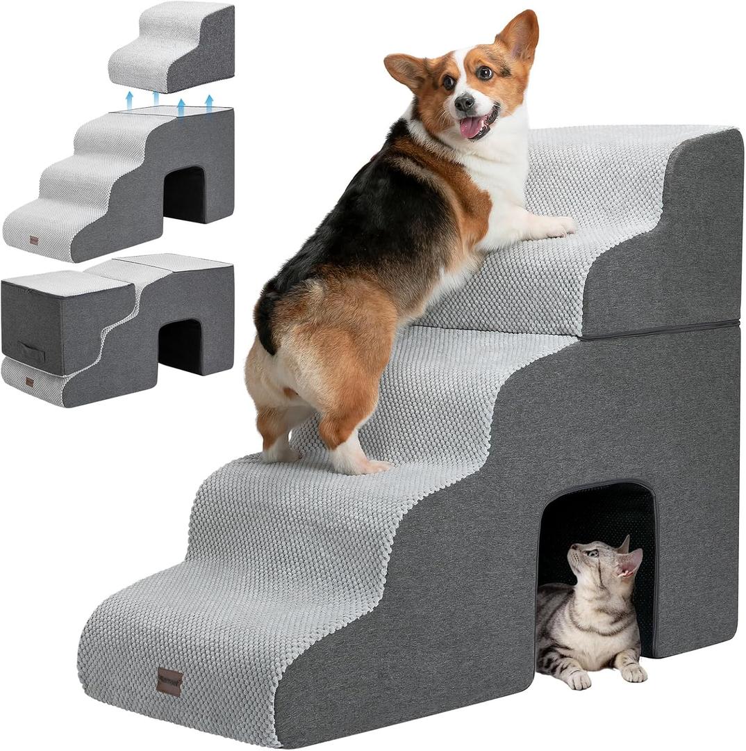 Dog Stairs for High Beds with Tunnel, 5-Step Dog Steps for Small Dogs and Cats, Foldable Pet Stairs for High Bed Climbing, Non-Slip Balanced Pet Step Indoor, Light Grey Dog Stairs for High Beds with Tunnel, 5-Step Dog Steps for Small Dogs and Cats, Foldable Pet Stairs for High Bed Climbing, Non-Slip Balanced Pet Step Indoor, Light Grey