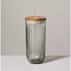 21oz Fluted Glass Tumbler with Wood Lid Green - Hearth & Hand™ with Magnolia