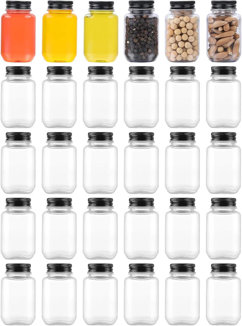 Plastic 2oz Mason Jars Clear Mini Jars with Lid Leakproof Travel Bottles Small Containers for Honey,Jam,Spice,Juice (Black, 30 Pack)