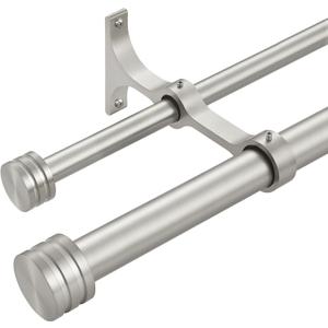 Double Curtain Rods with Aluminum End Cap and Full Enclosure Brackets, 1- Inch Front and 5/8 Inch Back Window Rod, Dual Drapery Rods Adjustable from 36 to 72 Inches (3-6 Feet), Brushed Nickel
