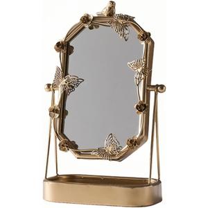 Vintage Gold Tabletop Makeup Mirror, Bird & Butterfly Decorative Vanity Mirror, 12.8 x 8.2 Retro Metal Standing Mirror for Dresser, Bedroom, and Bathroom