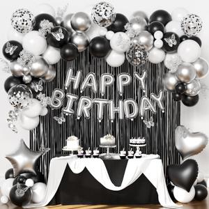 Black and Silver Birthday Decorations for Men Women, Black White Silver Confetti Balloons Happy birthday Banner Butterfly Fringe Curtains for 21st 25th 27th 30th Birthday Decorations
