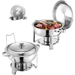VEVOR Chafing Dish Buffet Set, 5 Qt 2 Pack, Stainless Steel Chafer with 2 Full Size Pans, Round Catering Warmer Server with Lid Water Pan Folding Stand Clip, for Weddings Parties Banquets, Silver